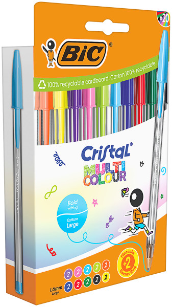 bic cristal multicolour pack de 20 boligrafos de bola punta 1.6mm trazo 0.42mm tinta con base de aceite colores surtidos