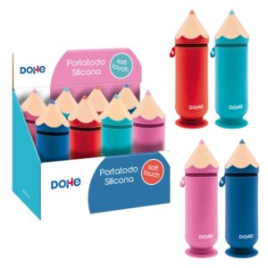 dohe lapiz expositor con 8 portatodos simples de silicona con forma de lapiz cierre con cremallera y tirador de goma con ventosa para sujetarse en la mesa colores surtidos