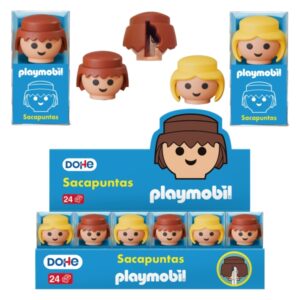 dohe playmobil expositor de 24 sacapuntas 1 orificio y cuchilla de acero con forma de los muñecos playmobil