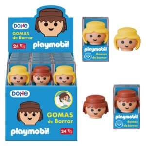 dohe playmobil expositor de 24 gomas de borrar fabricadas en pvc con forma de los muñecos playmobil