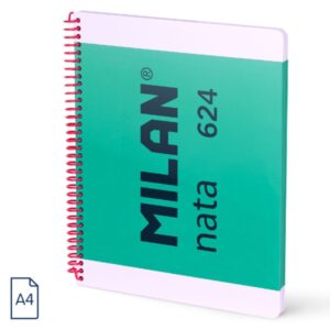 milan nata 624 cuaderno espiral formato a4 liso 80 hojas de 95 gr/m2 microperforado, 4 taladros color verde
