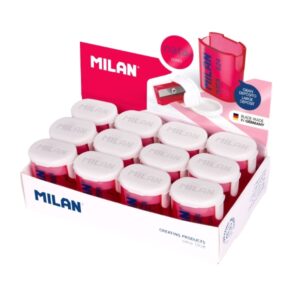 milan nata® 624 expositor de 12 sacapuntas con deposito cuchilla de acero color blanco/rosa