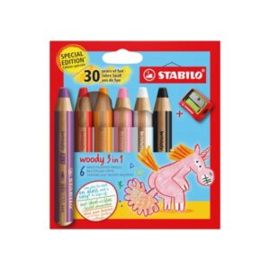 stabilo woody 3 en 1 30º aniversario unicornio pack de 6 lapices de colores + sacapuntas lapiz de color, cera y acuarela, todo en uno mina xxl 10mm colores surtidos