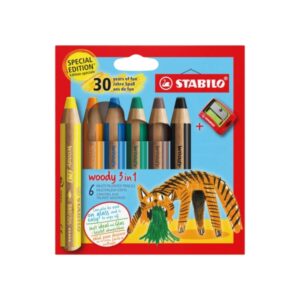 stabilo woody 3 en 1 30º aniversario tigre pack de 6 lapices de colores + sacapuntas lapiz de color, cera y acuarela, todo en uno mina xxl 10mm colores surtidos