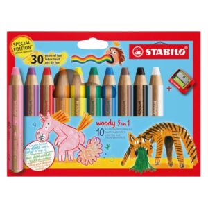 stabilo woody 3 en 1 30º aniversario unicornio y tigre pack de 10 lapices de colores + sacapuntas lapiz de color, cera y acuarela, todo en uno mina xxl 10mm colores surtidos