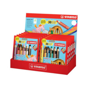 stabilo woody 3 en 1 30º aniversario unicornio y tigre expositor con 10 packs de 6 lapices de colores + sacapuntas lapiz de color, cera y acuarela, todo en uno mina xxl 10mm colores surtidos