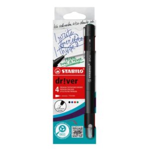 stabilo dr!ver pack de 4 rotuladores de punta fina 0.4mm tinta a prueba de manchas, inodora y con base al agua fabricado con 94% de bioplastico colores surtidos