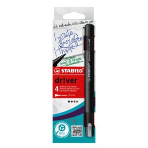stabilo dr!ver pack de 4 rotuladores de punta media 0.8mm tinta a prueba de manchas, inodora y con base al agua fabricado con 94% de bioplastico colores surtidos