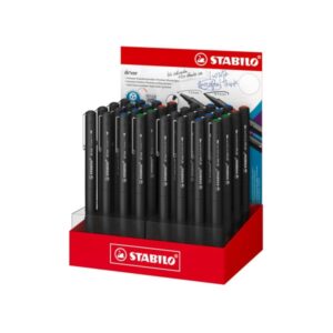stabilo dr!ver expositor con 32 rotuladores surtidos de punta media 0.8mm y fina 0.4mm tinta a prueba de manchas, inodora y con base al agua fabricado con 94% de bioplastico colores surtidos