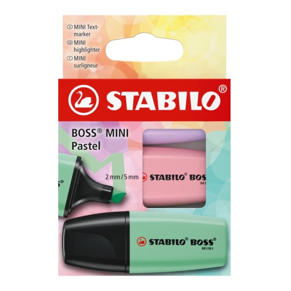 stabilo boss mini pastel pack de 3 marcadores fluorescentes trazo entre 2 y 5mm tinta con base de agua antisecado colores verde, rosa y violeta