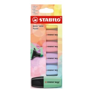 stabilo boss mini pastel pack de 6 marcadores fluorescentes trazo entre 2 y 5mm tinta con base de agua antisecado colores verde, rosa, azul, violeta, naranja y amarillo