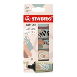 stabilo boss mini naturevibes pack de 5 marcadores fluorescentes trazo entre 2 y 5mm tinta con base de agua antisecado colores verde barro, verde tierra, siena, beige y gris calido