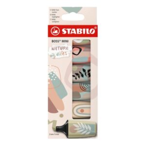 stabilo boss mini naturevibes pack de 6 marcadores fluorescentes trazo entre 2 y 5mm tinta con base de agua antisecado colores verde barro, verde tierra, ocre, siena, beige y gris calido