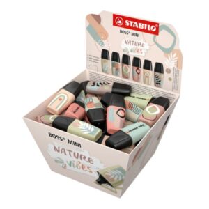 stabilo boss mini naturevibes expositor con 50 marcadores fluorescentes trazo entre 2 y 5mm tinta con base de agua antisecado colores surtidos