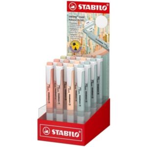 stabilo swing cool naturecolors expositor con 16 marcadores fluorescentes cuerpo plano punta biselada trazo entre 1 y 4mm tinta con base de agua antisecado colores surtidos