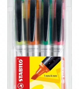 stabilo navigator pack de 4 marcadores fluorescentes zona de agarre diseño delgado practico clip para llevar trazo entre 2 y 5mm colores amarillo, naranja, verde y rosa