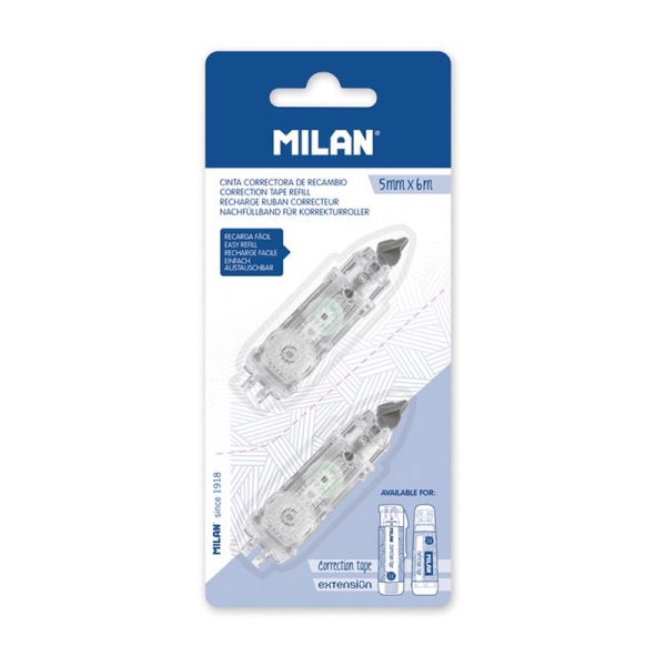 milan pack de 2 recambios para cinta correctora 5mm x 6m compatible con correctores cilindrico y extension