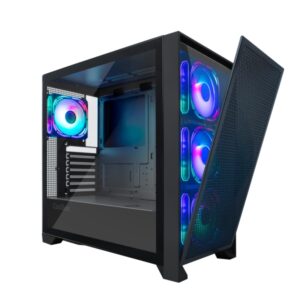 coolbox ge2000 dualview caja torre atx, micro atx, mini itx frontal doble intercambiable lateral cristal templado tamaño hdd 2.5", 3.5" usb a 3.0, usb c y audio 4 ventiladores argb 120mm soporta refrigeracion liquida color negro