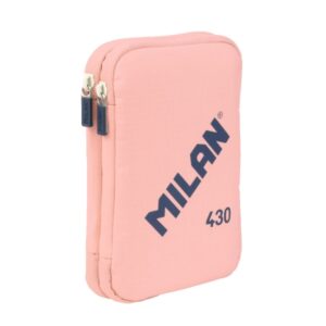 milan coleccion 430 plumier de 2 pisos con 2 gomas de borrar, sacapuntas, lapiz, boligrafo p1 touch azul, regla, 12 lapices de colores y 18 rotuladores color rosa
