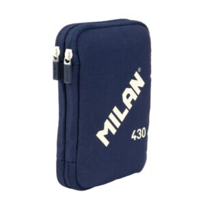 milan coleccion 430 plumier de 2 pisos con 2 gomas de borrar, sacapuntas, lapiz, boligrafo p1 touch azul, regla, 12 lapices de colores y 18 rotuladores color azul