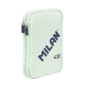 milan coleccion 430 plumier de 2 pisos con 2 gomas de borrar, sacapuntas, lapiz, boligrafo p1 touch azul, regla, 12 lapices de colores y 18 rotuladores color verde