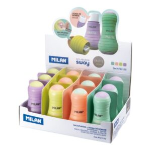 milan sway pastel expositor de 12 afilaborras con goma de borrar sacapuntas con deposito y cuchilla de seguridad colores surtidos