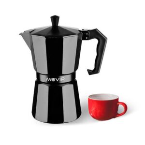 muvip mv0603 cafetera de aluminio capacidad 1 taza mango ergonomico antiadherente apta para placas electricas, vitroceramicas y gas color negro mate