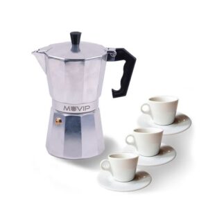 muvip mv0600 cafetera de aluminio capacidad 3 tazas mango ergonomico antiadherente apta para placas electricas, vitroceramicas y gas color aluminio