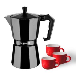 muvip mv0606 cafetera de aluminio capacidad 3 tazas mango ergonomico antiadherente apta para placas electricas, vitroceramicas y gas color negro mate