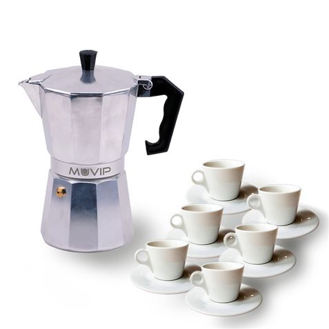 muvip mv0601 cafetera de aluminio capacidad 6 tazas mango ergonomico antiadherente apta para placas electricas, vitroceramicas y gas color aluminio