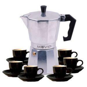 muvip mv0604 cafetera de aluminio capacidad 6 tazas mango de baquelita termoresistente ergonomico apta para placas electricas, vitroceramicas, gas e induccion color aluminio