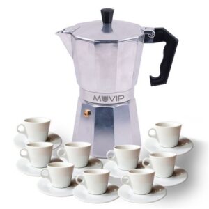muvip mv0602 cafetera de aluminio capacidad 9 tazas mango ergonomico antiadherente apta para placas electricas, vitroceramicas y gas color aluminio