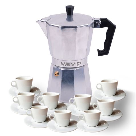 muvip mv0602 cafetera de aluminio capacidad 9 tazas mango ergonomico antiadherente apta para placas electricas, vitroceramicas y gas color aluminio