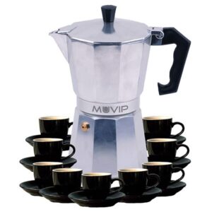 muvip mv0605 cafetera de aluminio capacidad 9 tazas mango de baquelita termoresistente ergonomico apta para placas electricas, vitroceramicas, gas e induccion color aluminio