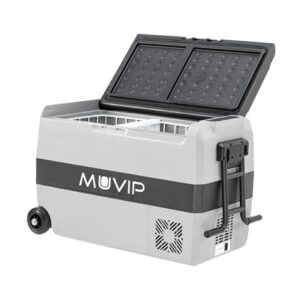 muvip nevera compresor portatil 44 litros temperatura entre 20º/+20º 80w doble zona asas de transporte y tirador ruedas compresor silencioso color gris