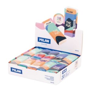 milan the fun nata 320 expositor con 20 goma de borrar rectangular caucho sintetico envuelta individualmente faja y goma de varios colores