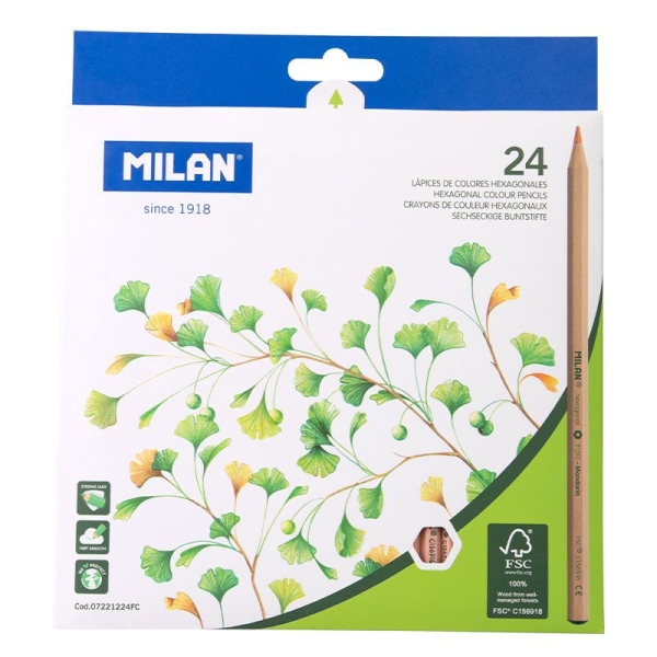 milan pack de 24 lapices hexagonales de colores mina 2.9mm resistente a la rotura madera certificada fsc colores surtidos