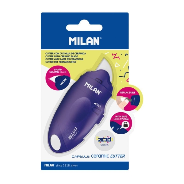 milan serie acid capsule cutter de hoja ceramica reemplazable tamaño bolsillo diseño ergonomico sistema de bloqueo color azul