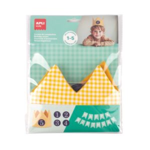 apli kids corona de cumpleaños con numeros del 1 al 5 ajustable y reversible fabricada en tela color amarillo y con cuadros