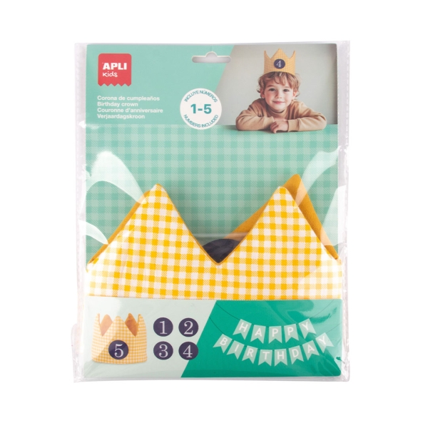 apli kids corona de cumpleaños con numeros del 1 al 5 ajustable y reversible fabricada en tela color amarillo y con cuadros
