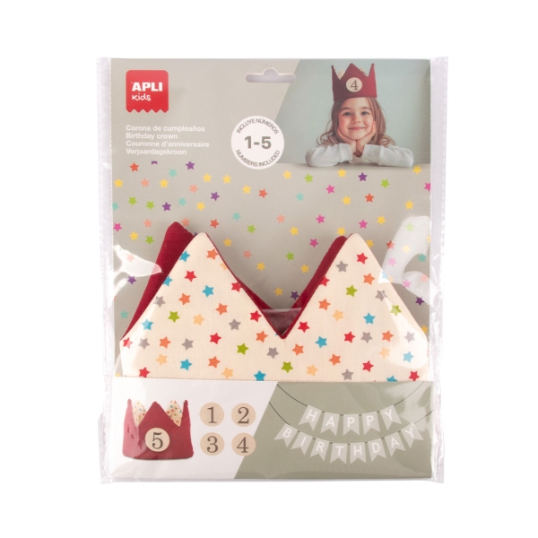 apli kids corona de cumpleaños con numeros del 1 al 5 ajustable y reversible fabricada en tela color rojo y con estrellas