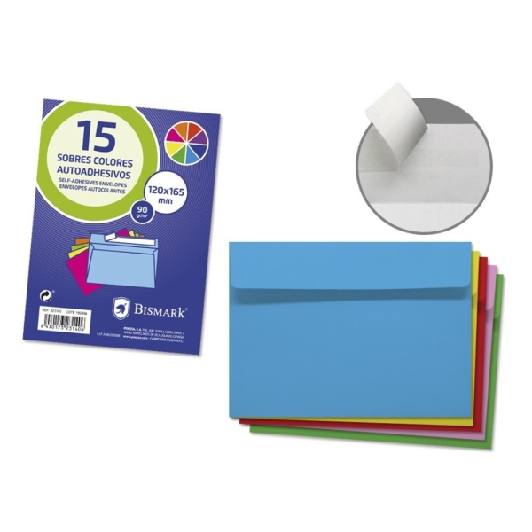 bismark pack de 15 sobres de papel 90gr medidas 120x165mm cierre autoadhesivo colores surtidos