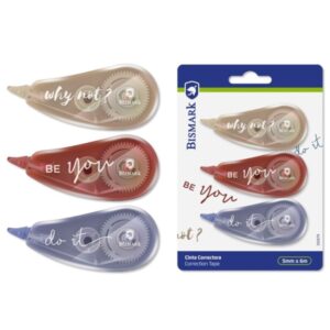 bismark be you pack de 3 cintas correctoras 5mmx6m perfecta adherencia al papel presentacion en blister cuerpo de suaves colores morandi