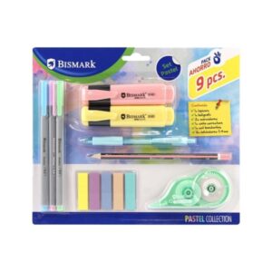 bismark pastel pack escolar con lapicero, boligrafo, 2 marcadores, cinta correctora, set banderitas pet y 3 rotuladores 0.44mm