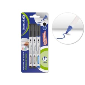 bismark pack de 3 rotuladores para pizarra blanca punta redonda 2mm colores negro y azul