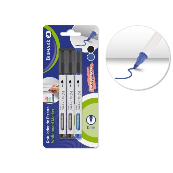 bismark pack de 3 rotuladores para pizarra blanca punta redonda 2mm colores negro y azul