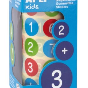 apli rollo de 900 gomets redondos con numeros Ø 20 mm adhesivo removible base agua fomenta aprendizaje libre de disolventes colores surtidos