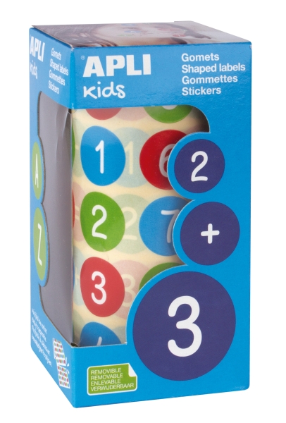 apli rollo de 900 gomets redondos con numeros Ø 20 mm adhesivo removible base agua fomenta aprendizaje libre de disolventes colores surtidos