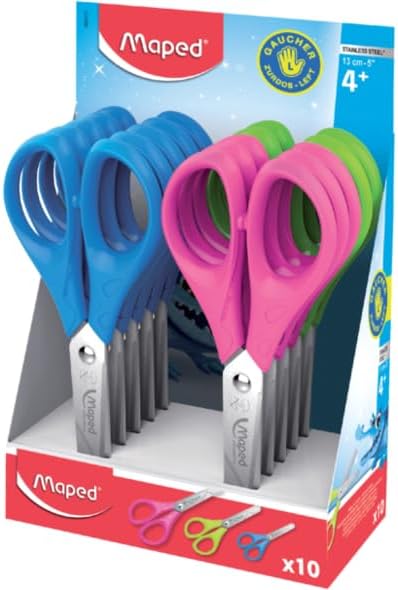 maped essentials zurdos tijera escolar punta redonda 13cm hojas de acero inoxidable mango de plastico simetrico colores surtidos