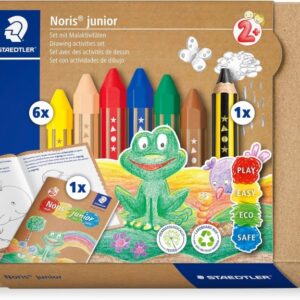 staedtler noris junior conjunto de actividades pack de 6 ceras de colores + lapiz de grafito extragrueso + folleto de actividades colores surtidos